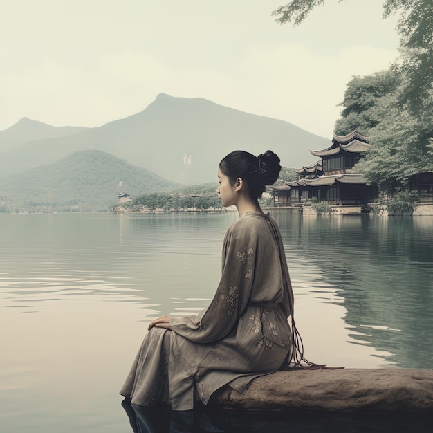 a woman sits on a rock overlooking a lake with mountains in the background