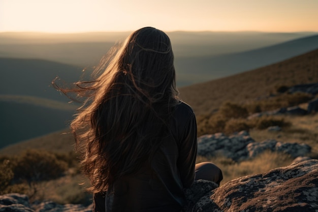 A woman sits on a rock overlooking a mountain valley.