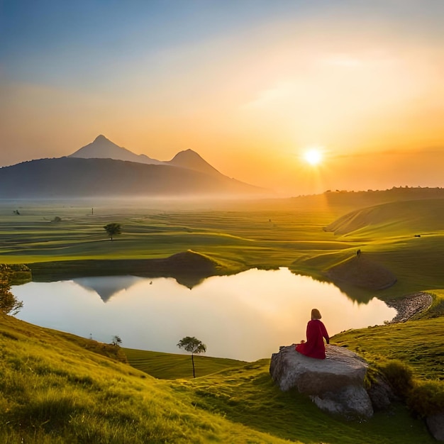 Photo a woman sits on a rock overlooking a pond at sunset.