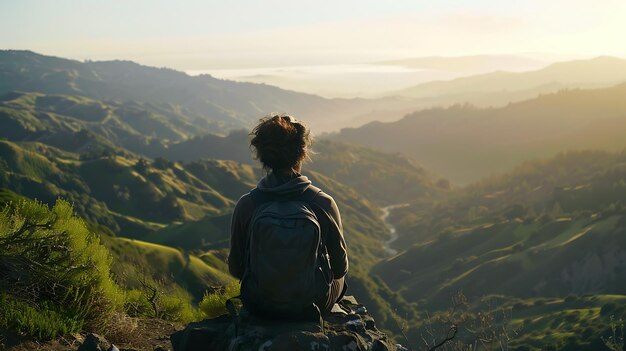 Photo a woman sits on a rock overlooking a valley and mountains