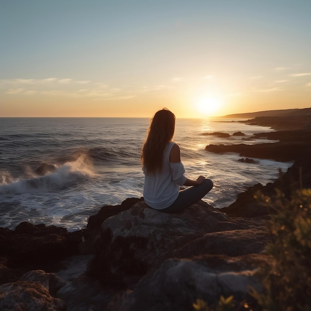 A woman sits on a rock relaxing overlooking the ocean and the sun is setting