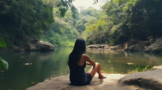 A woman sits on a rock in a river and looks out to the water.