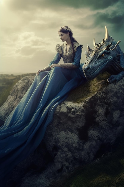 A woman sits on a rock with a dragon next ti her