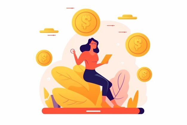 A woman sits on a rock with a laptop and a dollar sign on it.