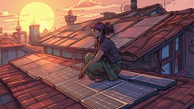 A woman sits on a roof with solar panels on the roof.