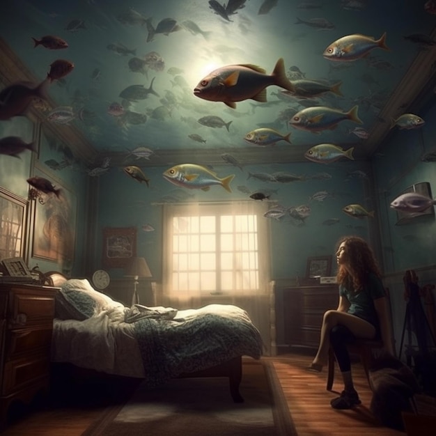 A woman sits in a room with fish on the ceiling