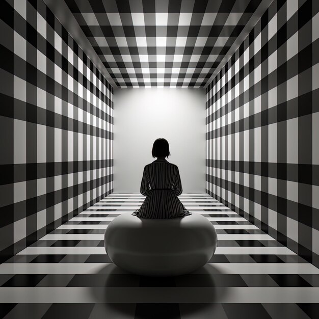Photo a woman sits in a room with a large wall of black and white tiles