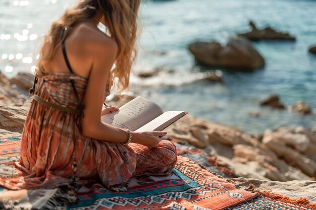 a woman sits on a rug reading a book by the water
