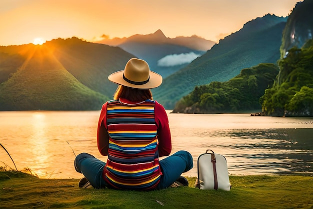 A woman sits on the shore of a lake and looks at the sunset.