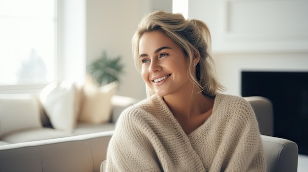 a woman sits on the sofa cozy home digital detox High quality photo