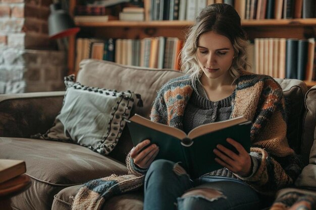 Женщина сидит на диване дома и читает фотографию из книги в домашней атмосфере