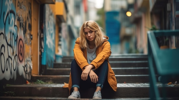 A woman sits on the stairs in a graffiti alley.