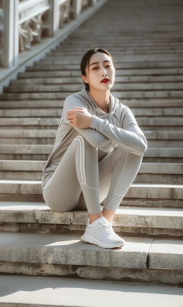 女性が足を横にして階段に座っている