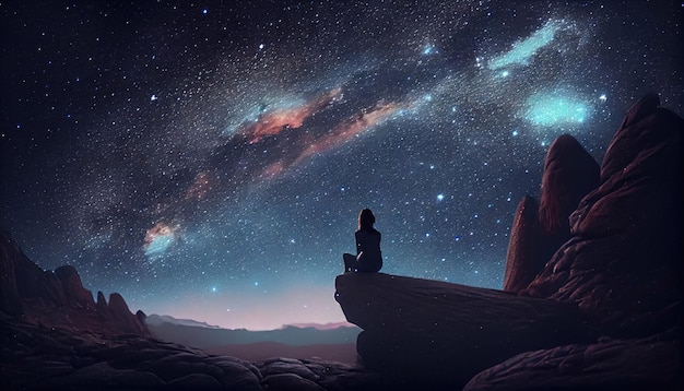 Woman sits on stone ledge looking at the night sky stars with milky way background