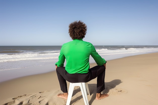 A woman sits on a stool on the beach and looks out to sea