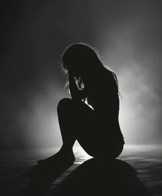 a woman sits on a stool in front of a light