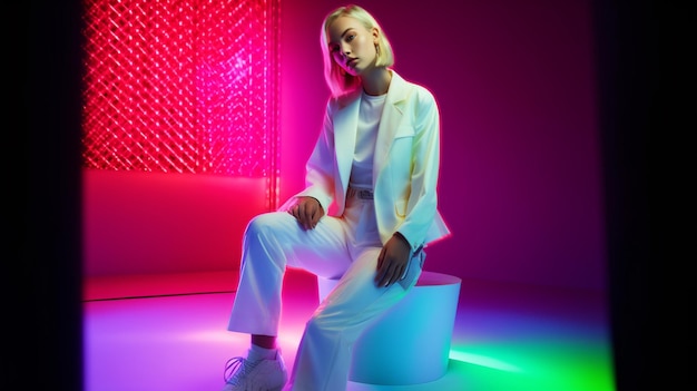 A woman sits on a stool in a neon light.