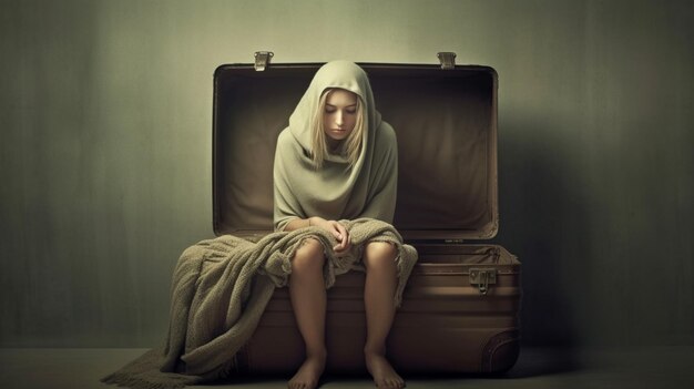 A woman sits in a suitcase with her head down.