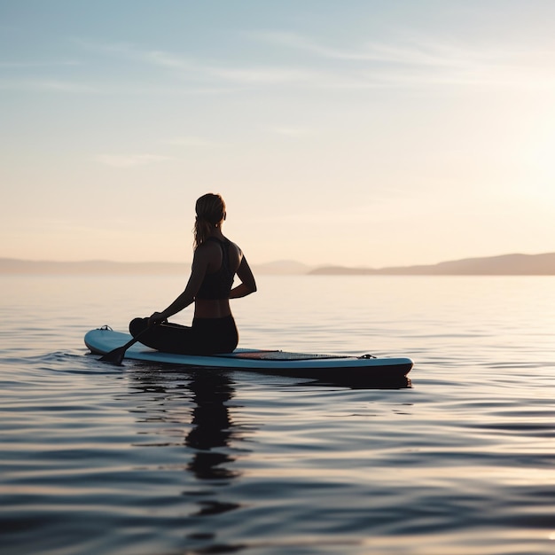 A woman sits on a surfboard in the water and looks at the sky.