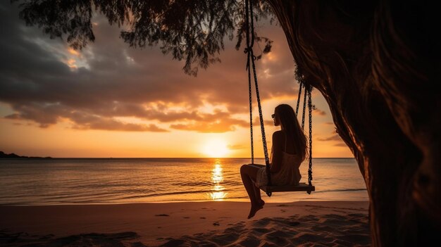 A woman sits on a swing on a beach at sunset.