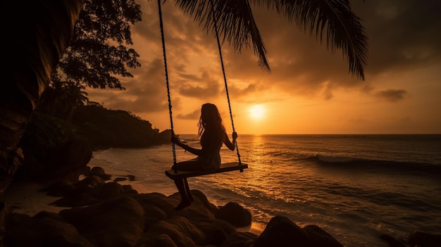 Женщина сидит на качелях с видом на океан на закате.