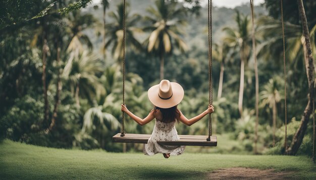 a woman sits on a swing in a tropical forest