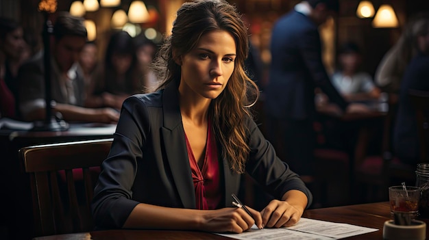 a woman sits at a table in a bar with a menu in the background.