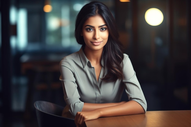 A woman sits at a table in a bar.