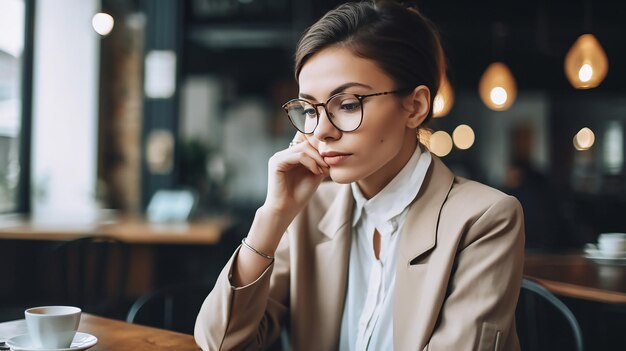 A woman sits at a table in a cafe, looking at a menu.