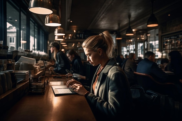 カフェのテーブルに座って本を読んでいる女性。