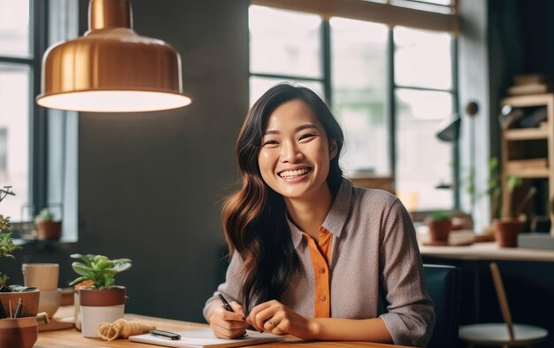 A woman sits at a table in a cafe and smiles at the camera.