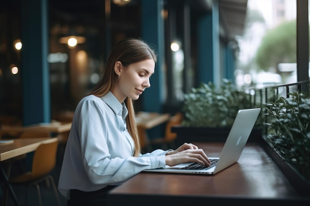 A woman sits at a table in a cafe, typing on a laptop.