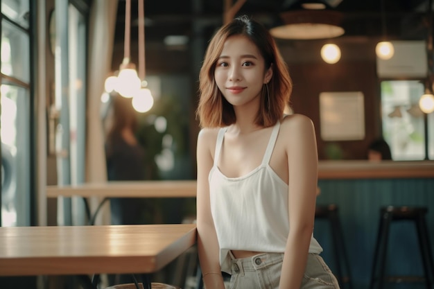 A woman sits at a table in a cafe wearing a white tank top and a white top.