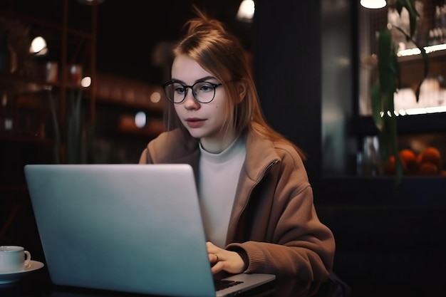 Woman sits at a table in a cafe working on a laptop