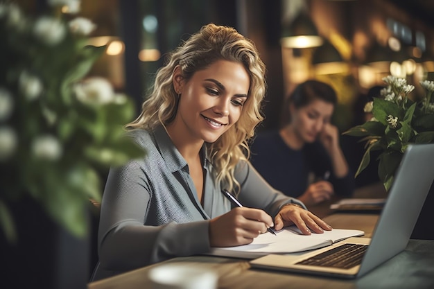 A woman sits at a table in a cafe, writing on a laptop.