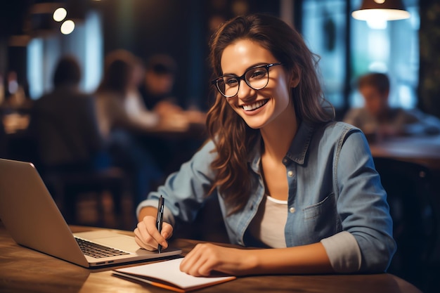 A woman sits at a table in a cafe, writing on a piece of paper.