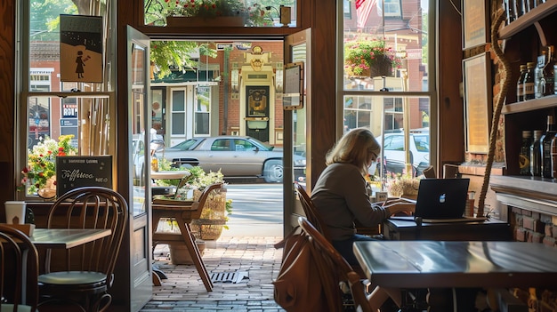 A woman sits at a table in a coffee shop working on her laptop She is wearing a casual outfit and has her hair in a ponytail