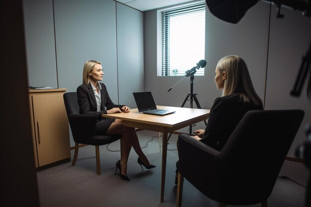 A woman sits at a table in a conference room with a microphone and a woman in a suit.