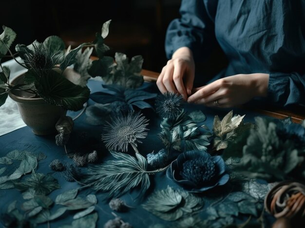 A woman sits at a table, cutting a flower with a blue shirt.