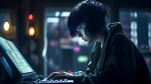 A woman sits at a table in a dark room, looking at a keyboard with a blue light that says cyberpunk on it.