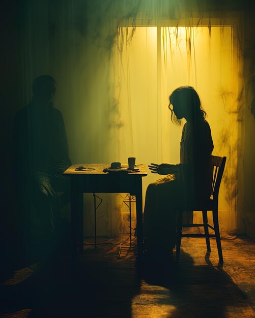 a woman sits at a table in a dark room with a man sitting at a table and a man in the background