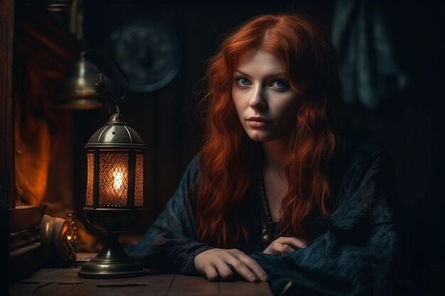 A woman sits at a table in front of a lantern.