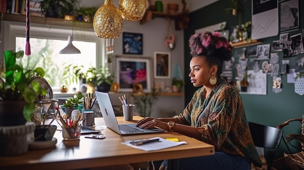 Photo a woman sits at a table in front of a laptop.