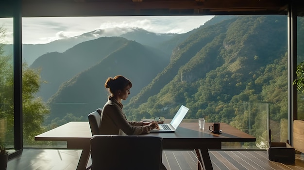 A woman sits at a table in front of a mountain view.