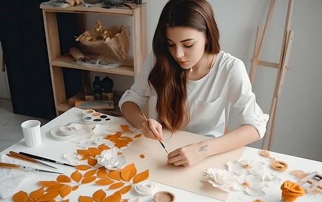 A woman sits at a table in front of a painting of leaves.