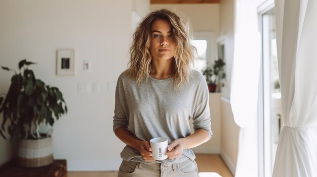 A woman sits on a table in front of a window holding a cup of coffee.