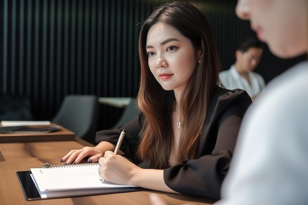 A woman sits at a table in a meeting room writing in a notebook