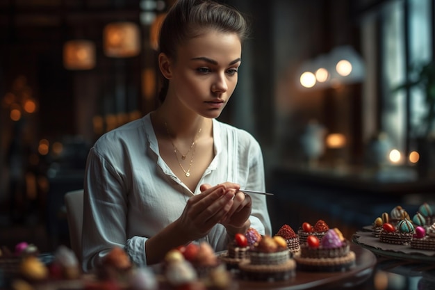 A woman sits at a table in a restaurant, she is looking at a dessert.