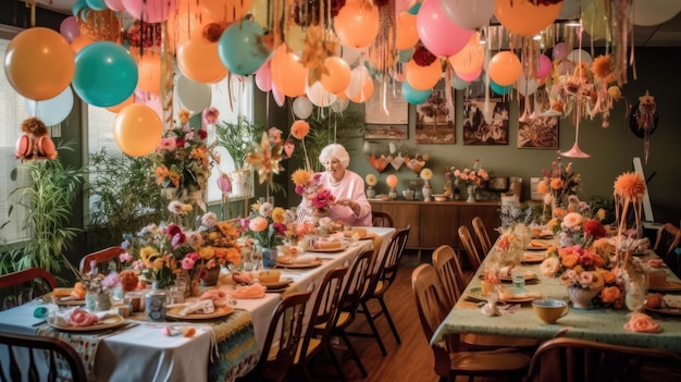 Photo a woman sits at a table in a room decorated with colorful balloons and hanging lights.