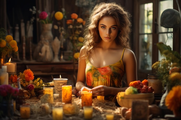 Photo a woman sits at a table with candles and flowers.